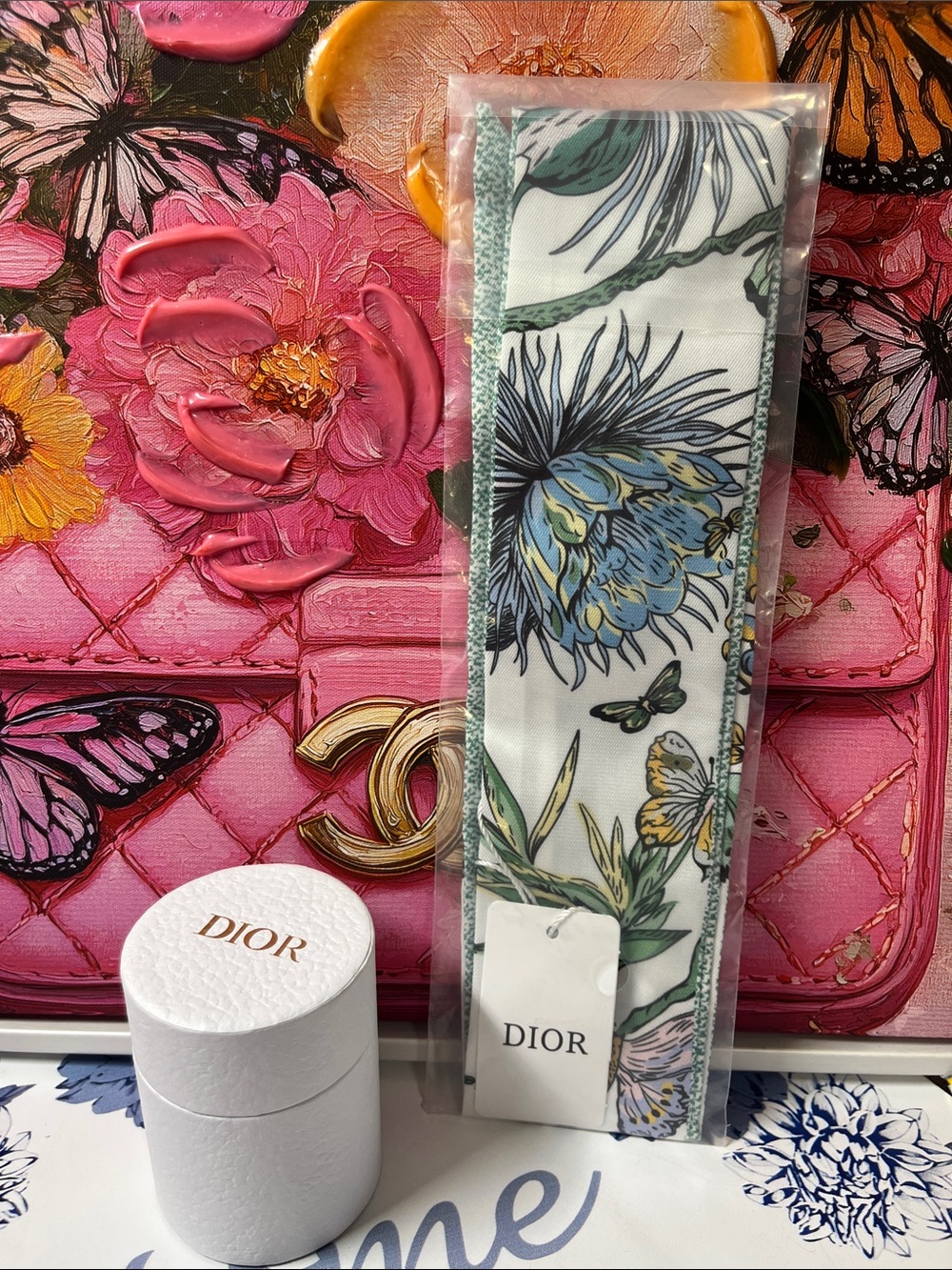 Dior Floral Silk Hair Scarf in White, Blue and Green